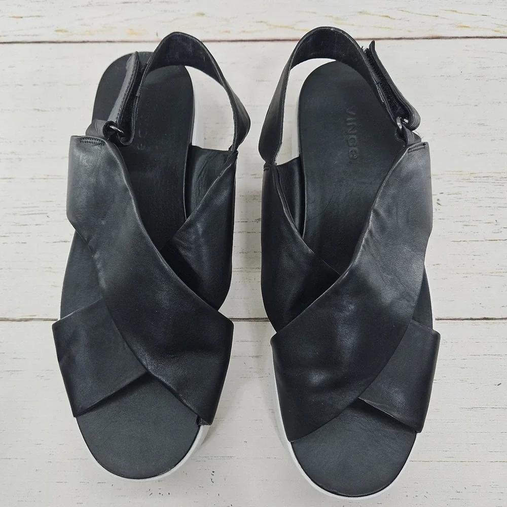 Vince Weslan Platform Sandals Shoes Womens 8 Black Leather Slingback Wedge Cross